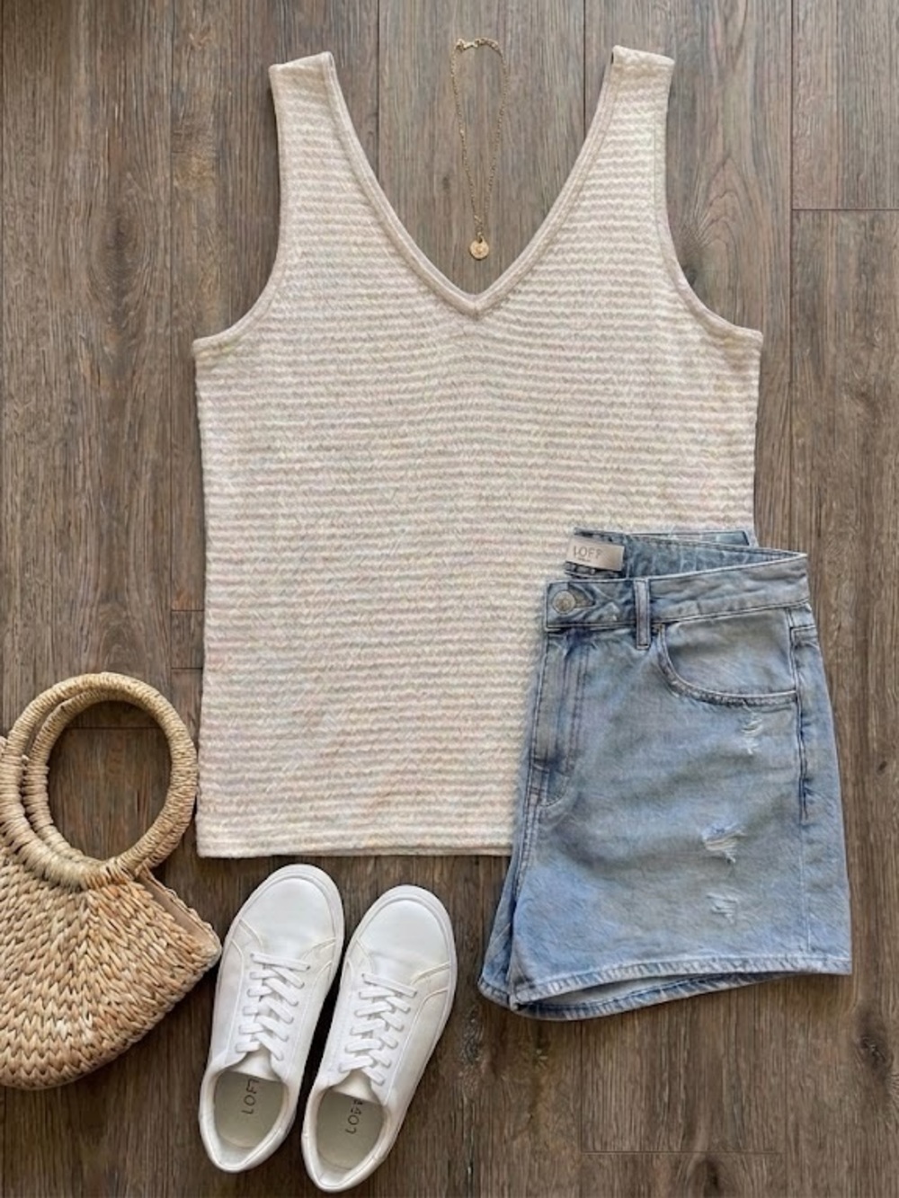 LOFT Striped V-Neck Tank Top Sweater Knit Metallic Shimmer L